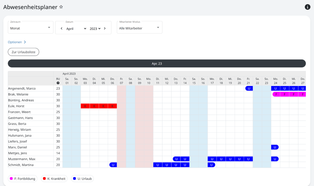 Abwesenheistplaner zur Übersicht und Eintragung von Abwesenheiten