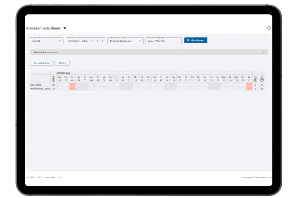 Planung und Einsicht von Abwesenheiten über alle Mitarbeiter in der Zeiterfassung