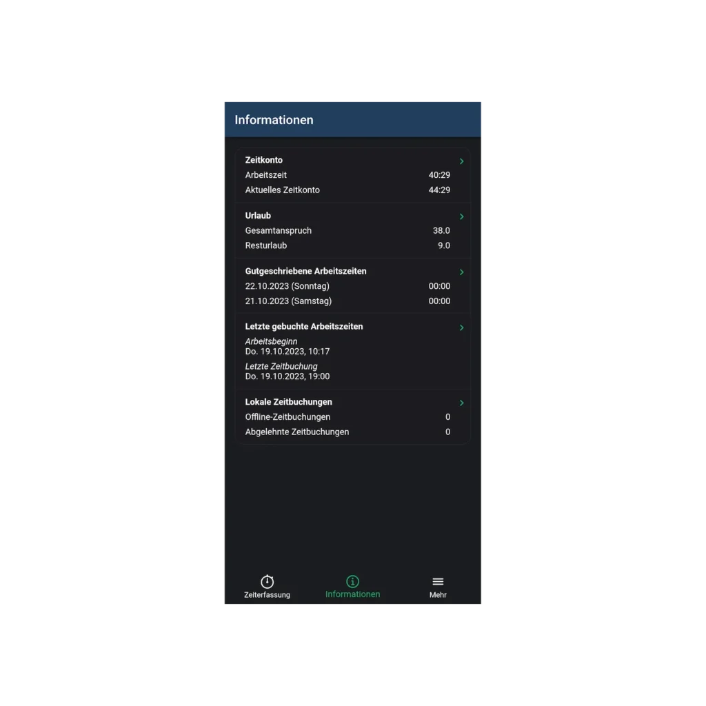 Infomationen zum Zeitkonto in der Timemaster App einsehbar