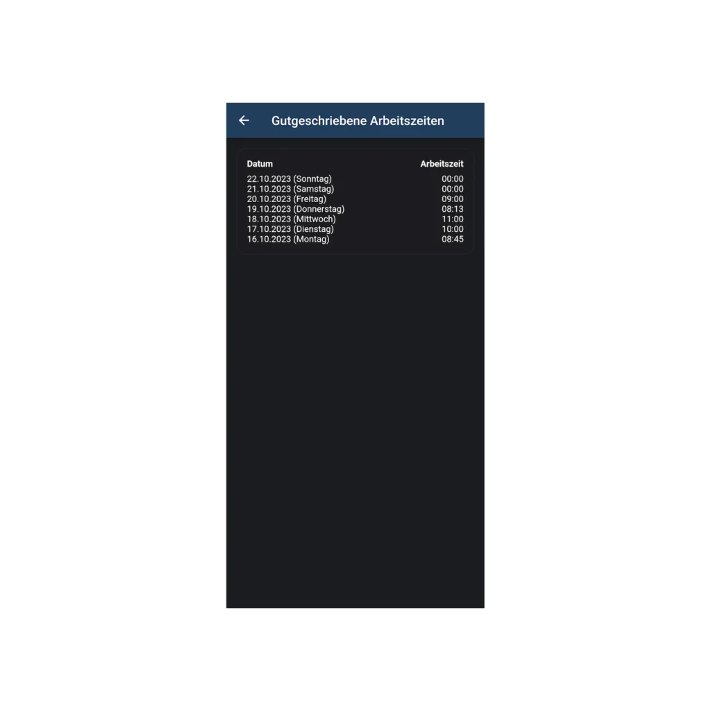 Aktuelle Informationen zur gutgeschriebenen Arbeitszeit in der Timemaster App abrufbar