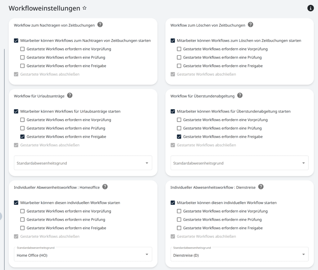 Möglichkeiten zu Einstellungen für Workflows