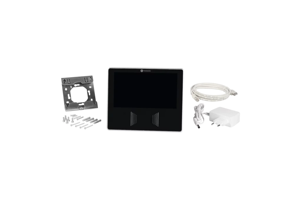 Das schwarze Zeiterfassungsterminal Timemaster plus7 mit dem Zubehör