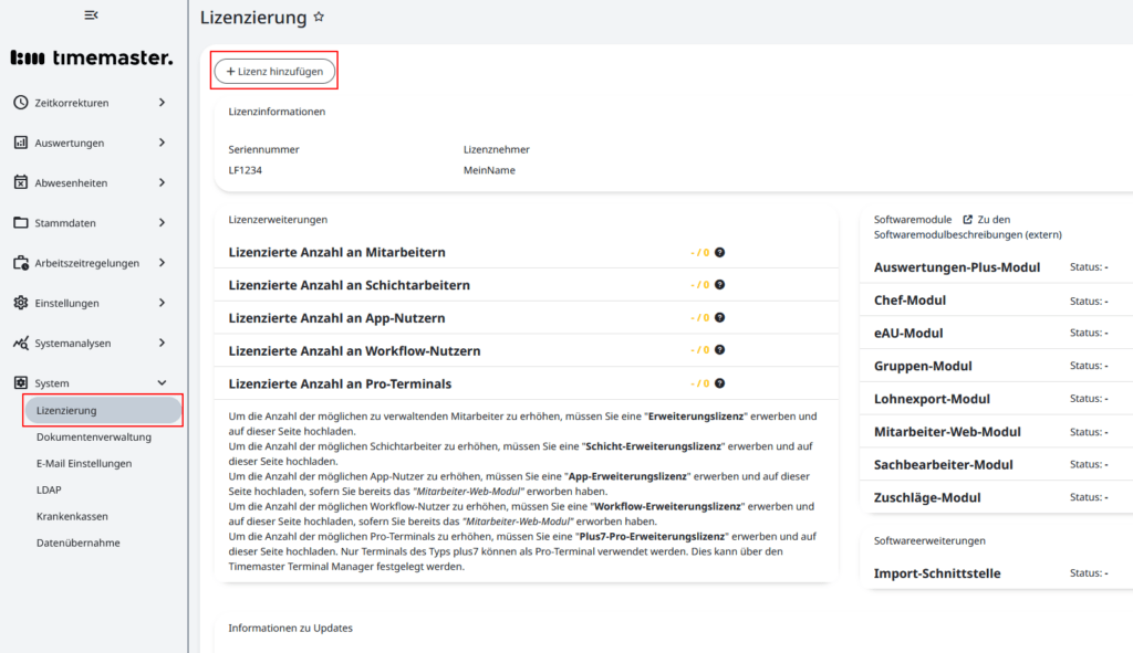 Hochladen der Lizenzen für die Timemaster Ausstattung