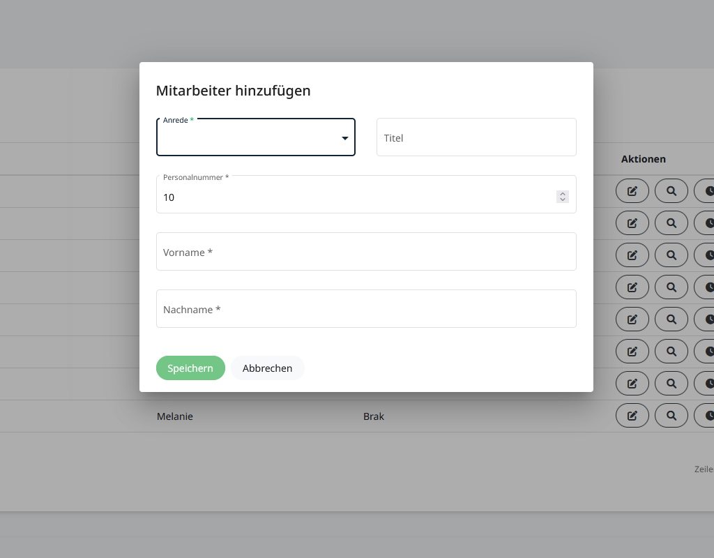 Eingabe der ersten Parameter eines neuen Mitarbeiters
