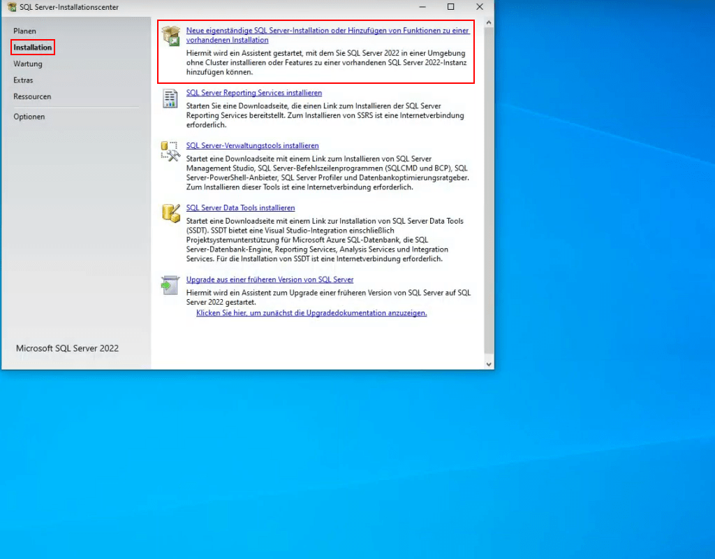 Auswahl des Installationsmodus innerhalb des SQL Server-Installationscenters