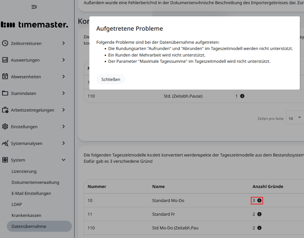 Überprüfung der importierten Zeitmodelle