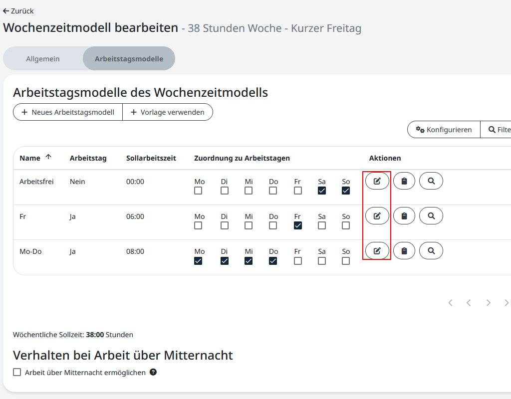 Konfiguration der einzelnen Tagespläne