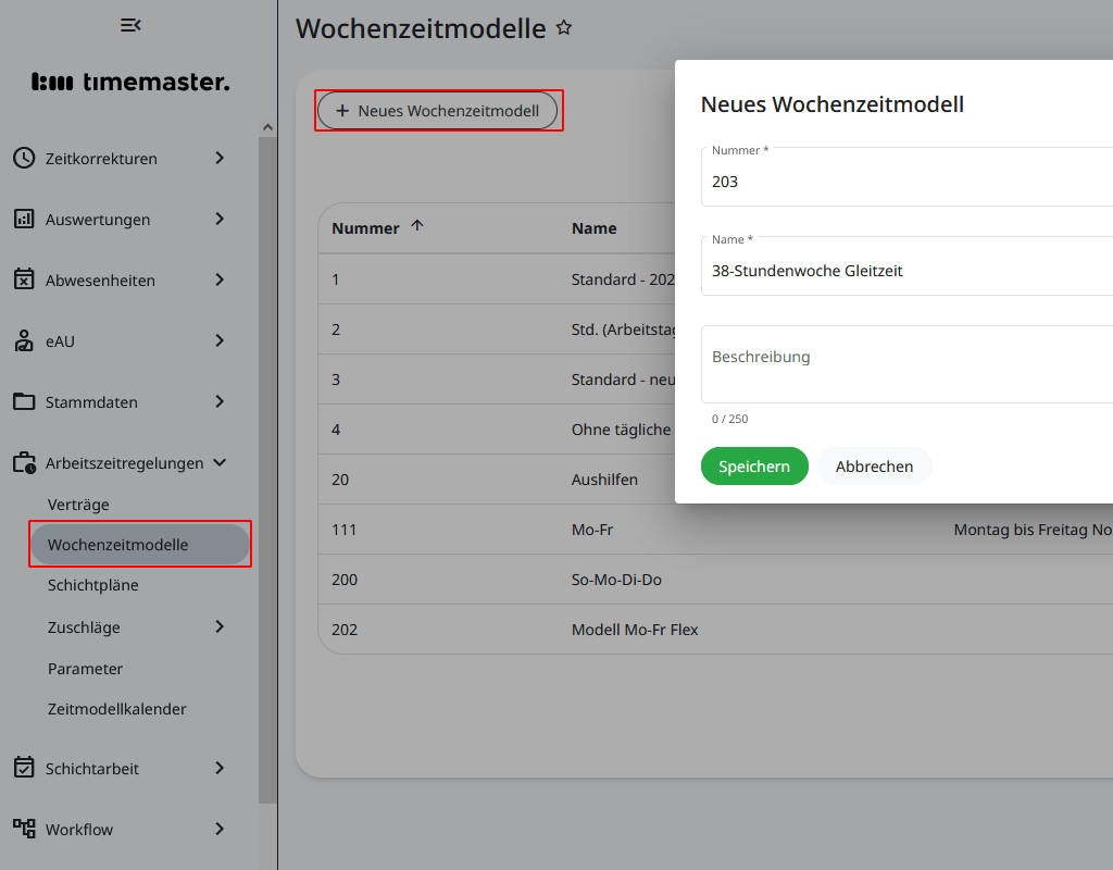 Erstellen eines Wochenzeitmodells mit 38 Stunden