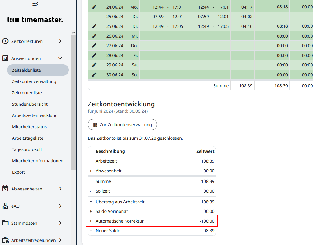 Abzug der festen Monatssollzeit am Monatsende