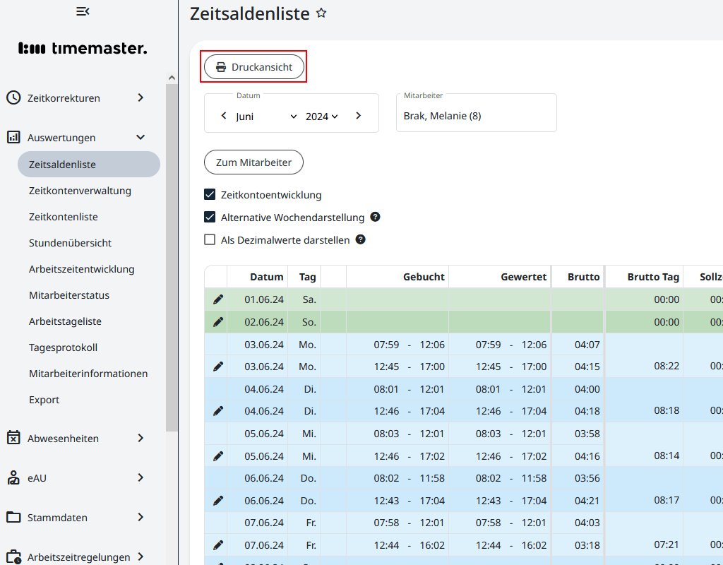 Ausdruck der Zeitsaldenliste