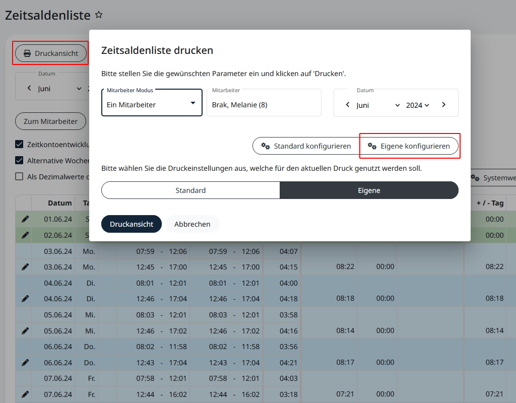 Konfiguration der Spalten innerhalb der Zeitsaldenliste