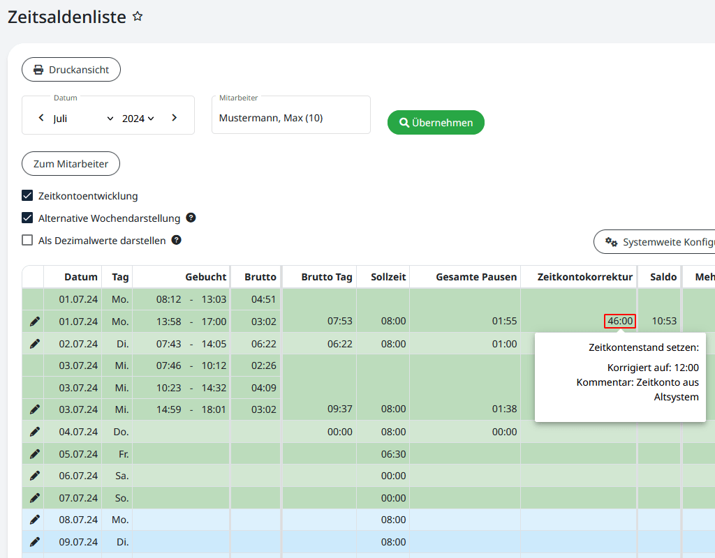 Einsicht in die Saldenliste nach einer Zeitkontokorrektur