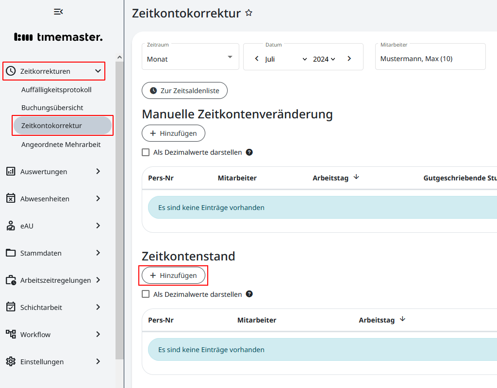 Übersicht der Zeitkontenkorrektur