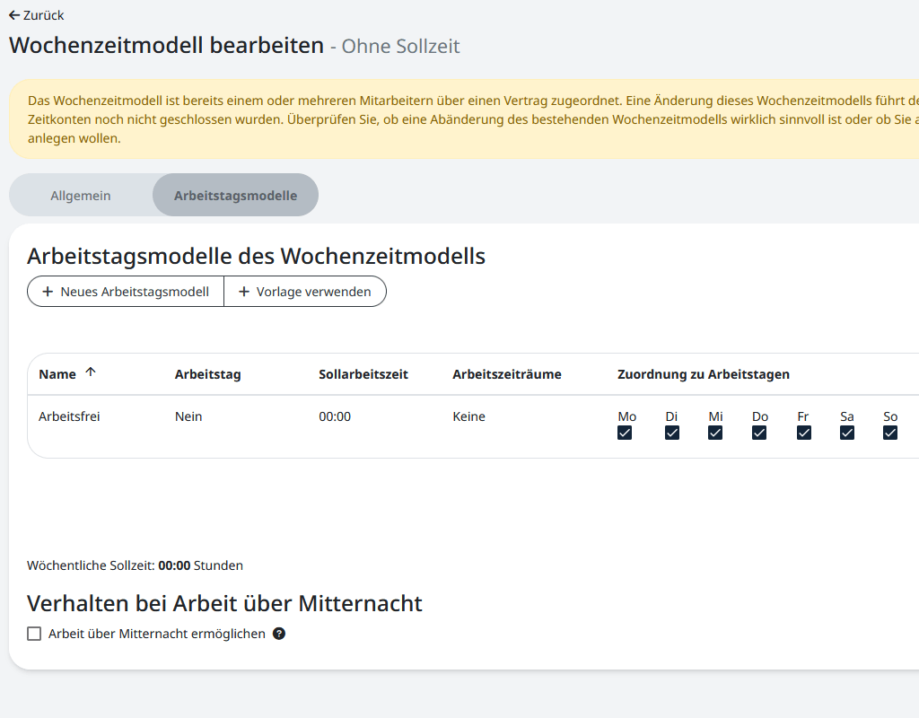 Anlegen eines Wochenzeitmodells ohne Sollzeit