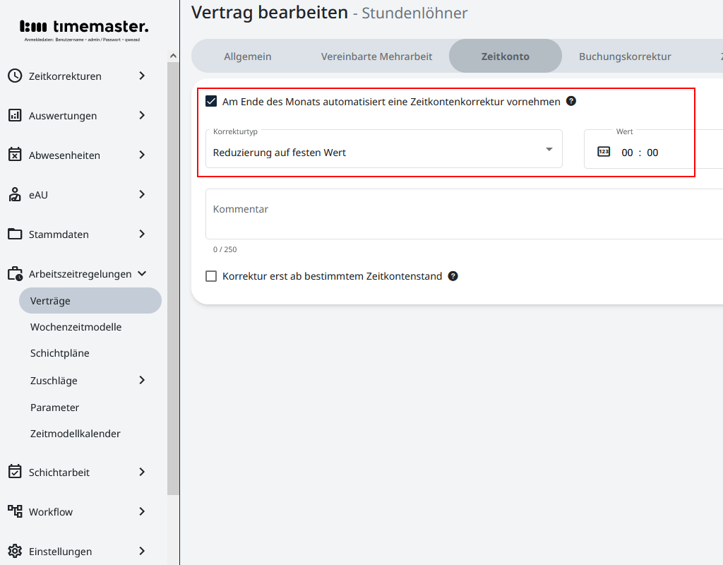 Hinterlegen einer Zeitkontokorrektur