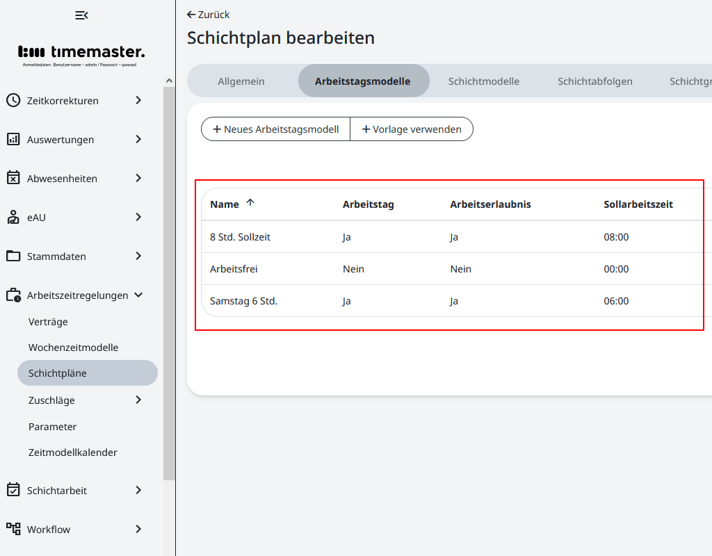 Erstellen der Arbeitstagsmodelle im Schichtplan