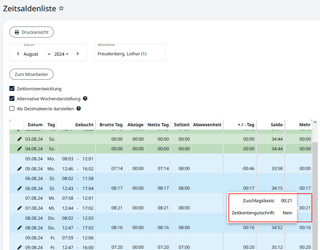 Zuschlag innerhalb der Zeitsaldenliste