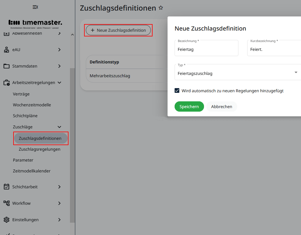Erstellen einer Zuschlagsdefinition für Feiertage