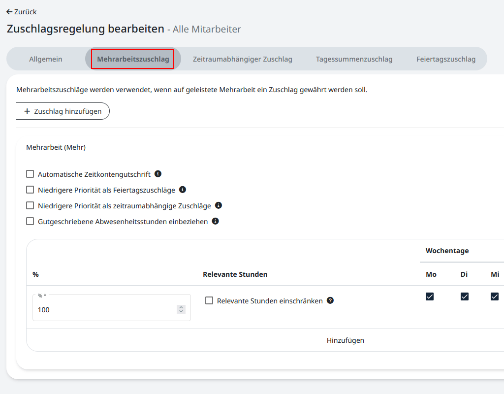 Mehrarbeitszuschlag in Regelung konfigurieren