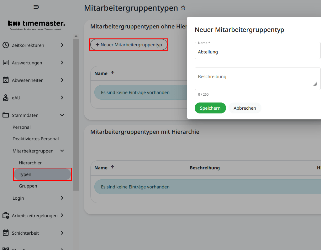 Anlegen eines Mitarbeitergruppentyps
