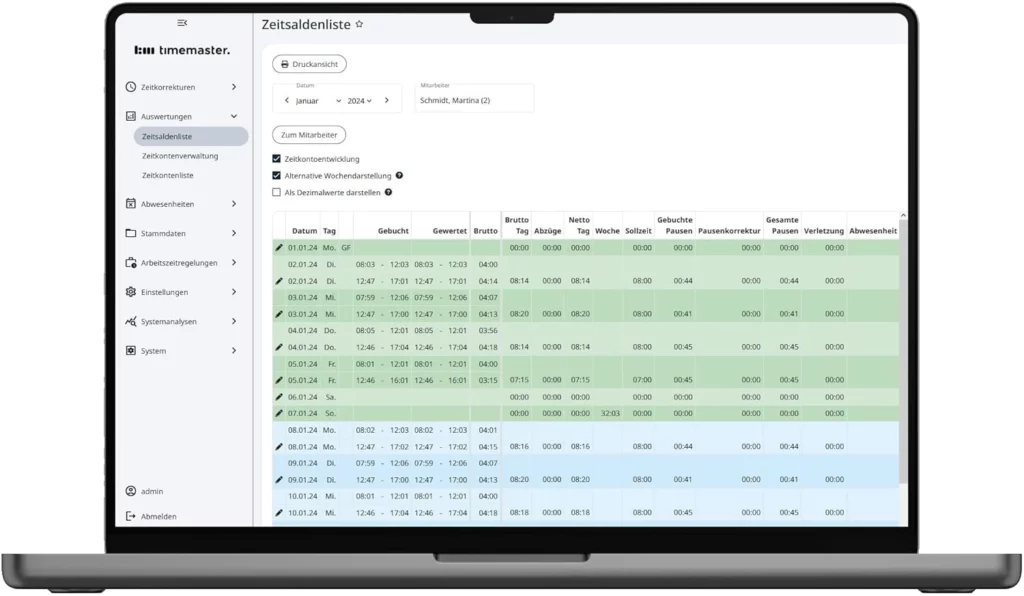 Alle Zeitdaten und Berechnung monatlich je Mitarbeiter