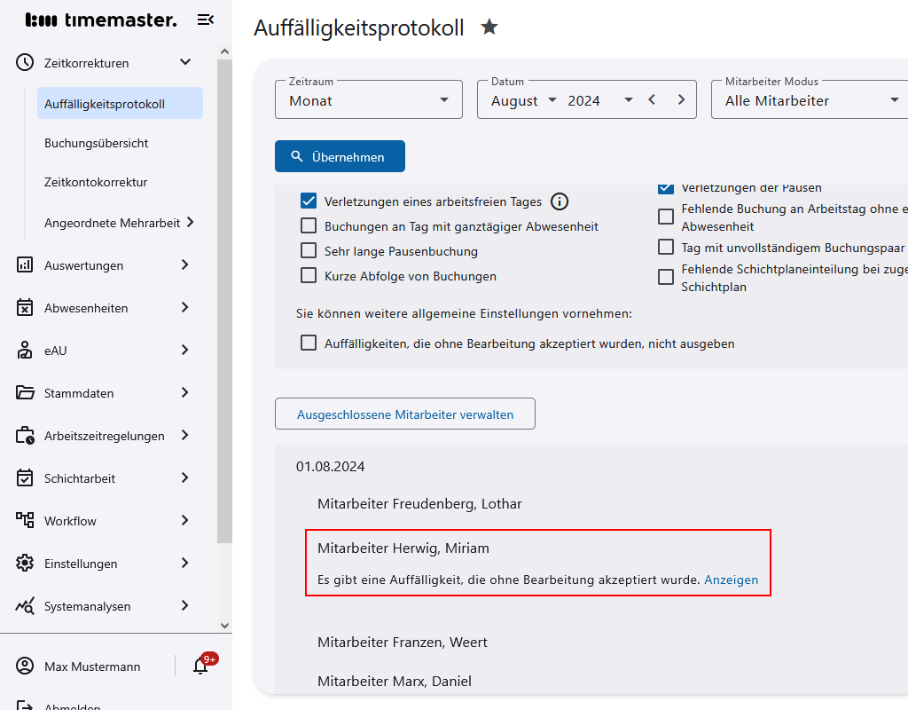 Anzeige einer akzeptierten Auffälligkeit