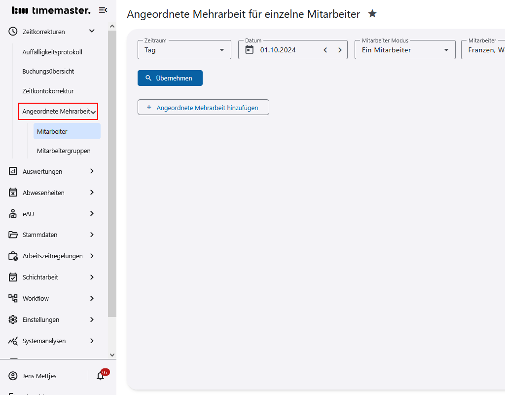 Einsicht in den Menüpunkt "angeordnete Mehrarbeit".