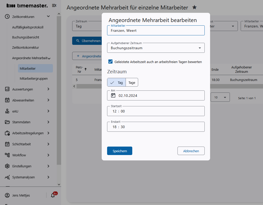 Hinterlegen einer Mehrarbeit