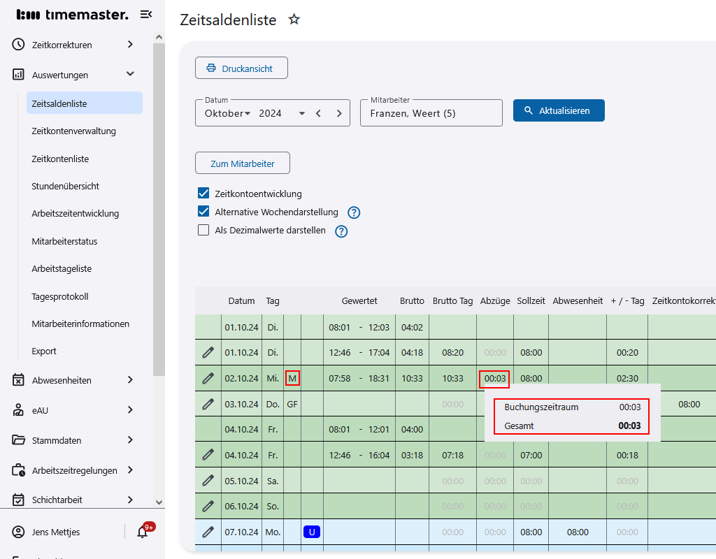 Ansicht der eingetragenen Mehrarbeit