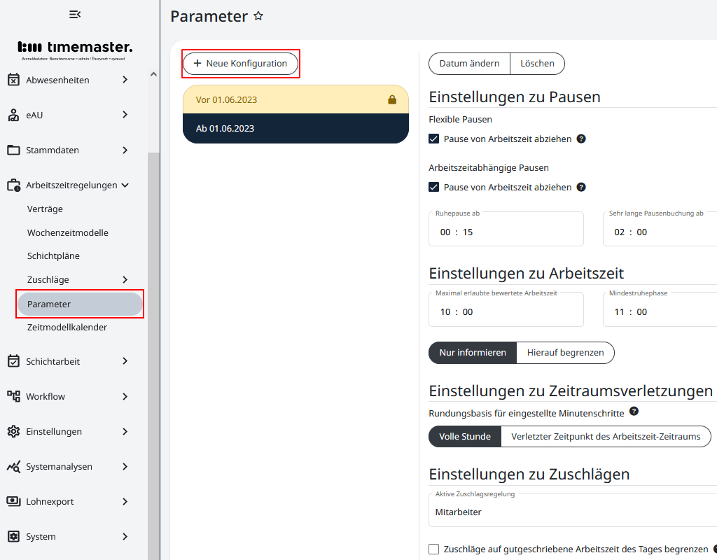 Einsicht in die Parameterliste