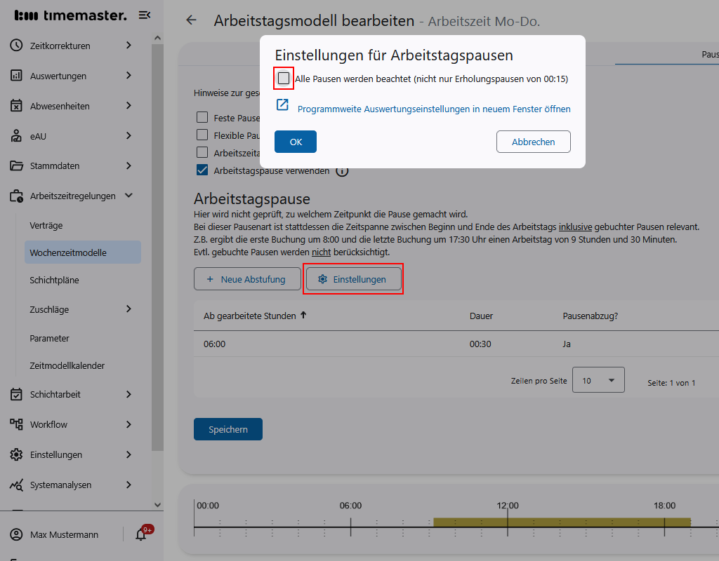 Einstellungen zur Mindestpausendauer