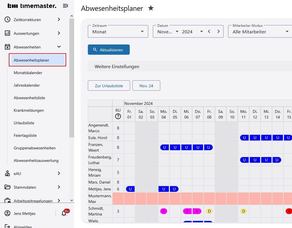 Einsicht in den Abwesenheitsplaner