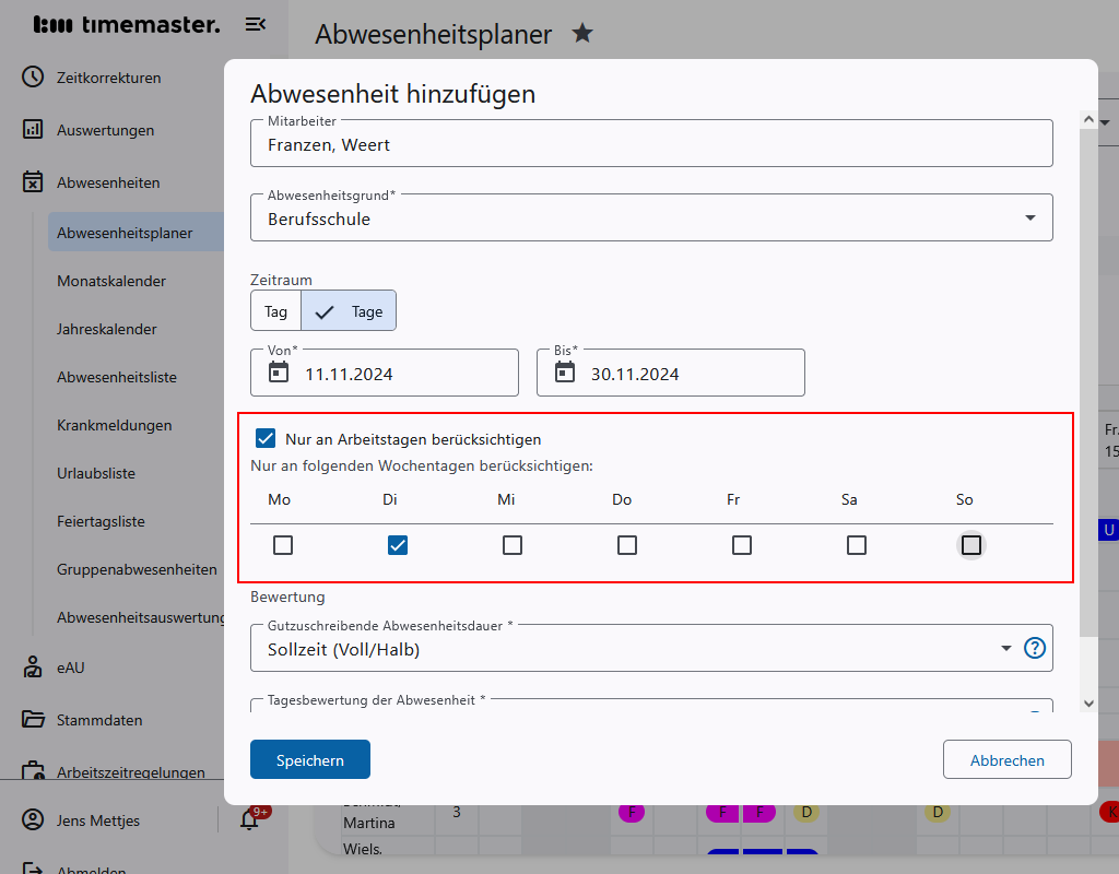 Hinterlegen von Berufsschule an einem festen Tag