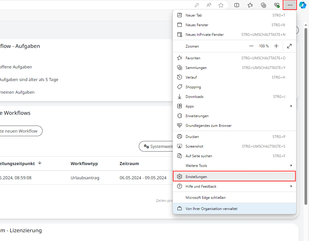 Aufruf der Einstellungen