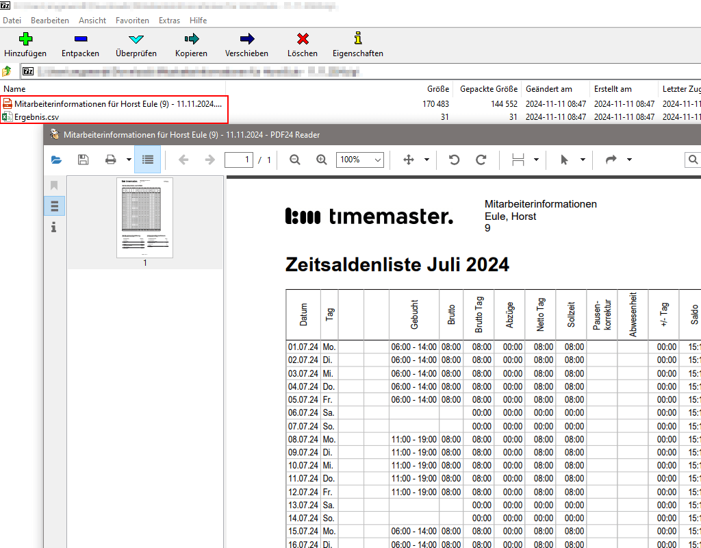 Ansicht der Zeitsaldenliste als PDF