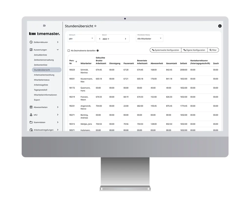 Arbeitszeiten, Pausen und Abwesenheiten sowie Überstunden der Mitarbeiter in einer Übersicht
