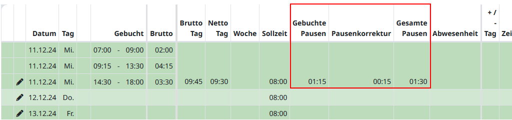 Einsicht in die Zeitsaldenliste mit arbeitszeitabhängiger Pause