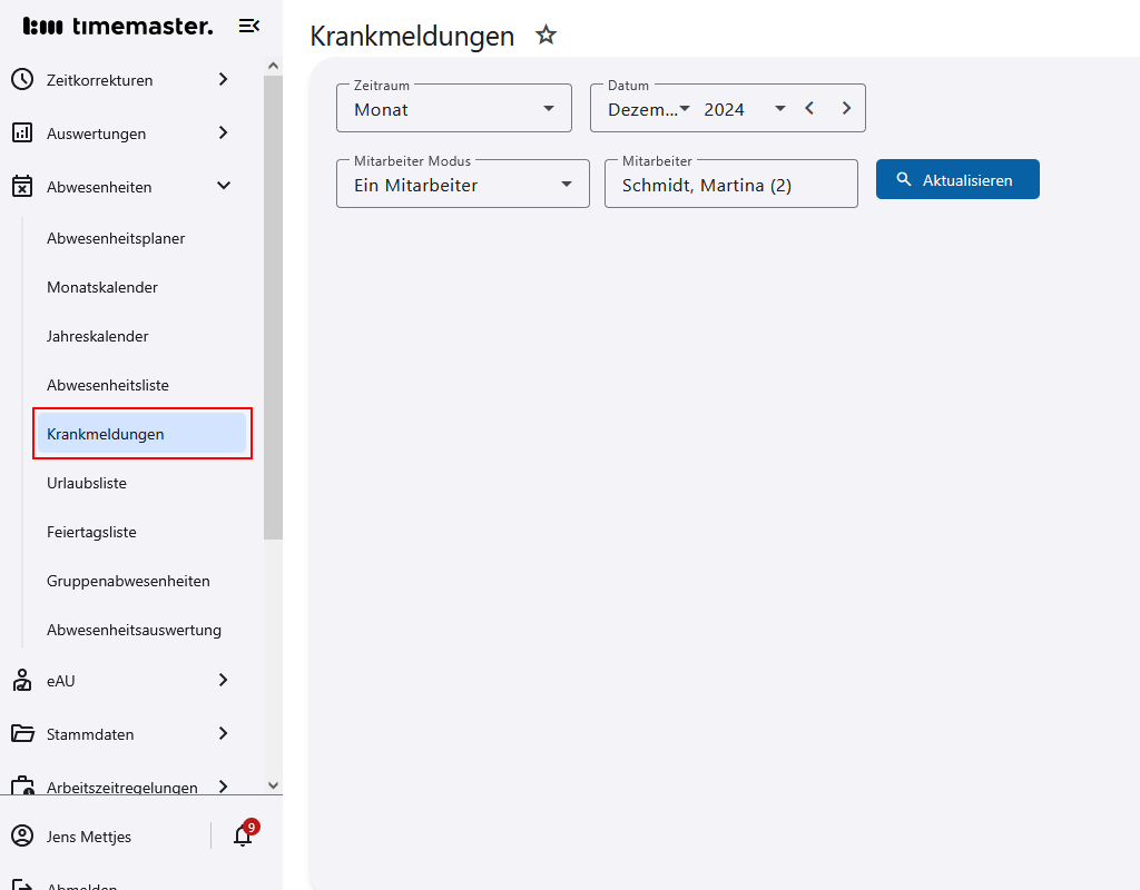 Einsicht in das Menü "Krankmeldungen"