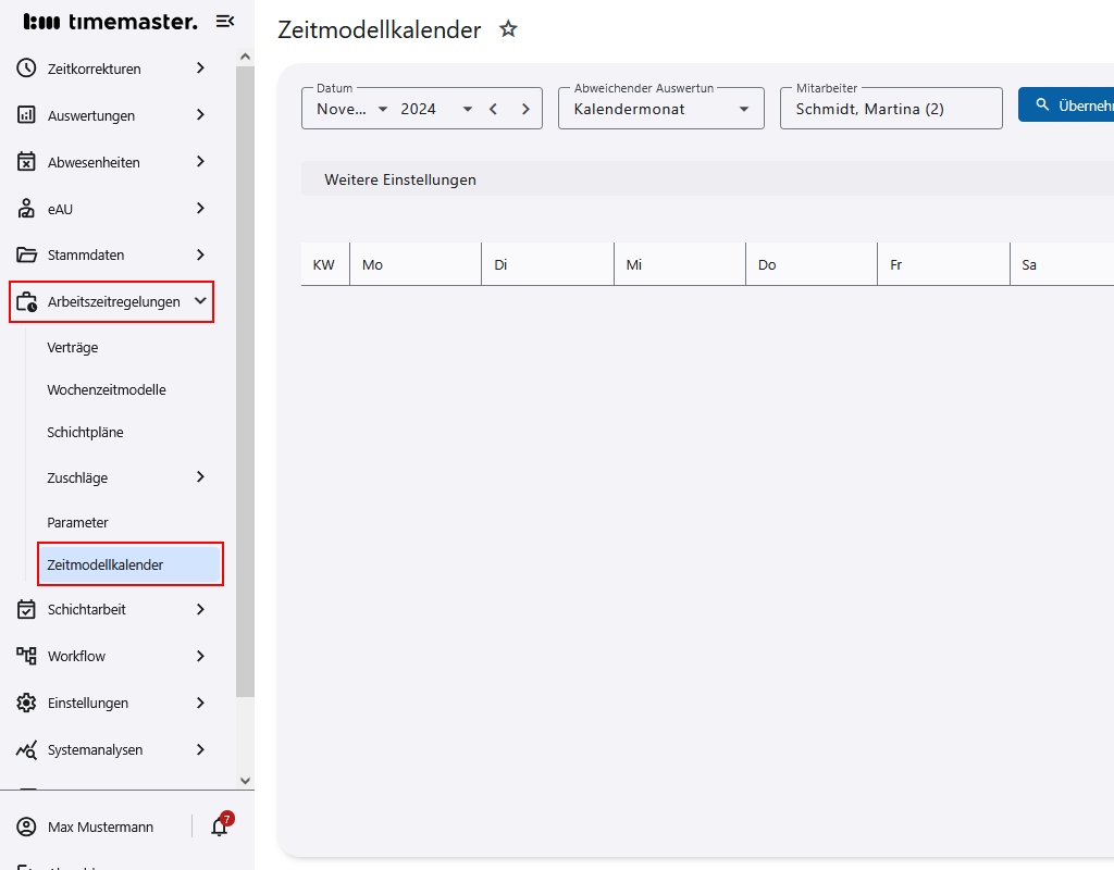 Aufruf des Zeitmodellkalenders