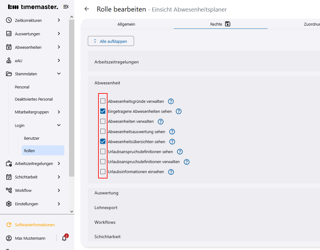 Setzen der Berechtigungen innerhalb der Rolle