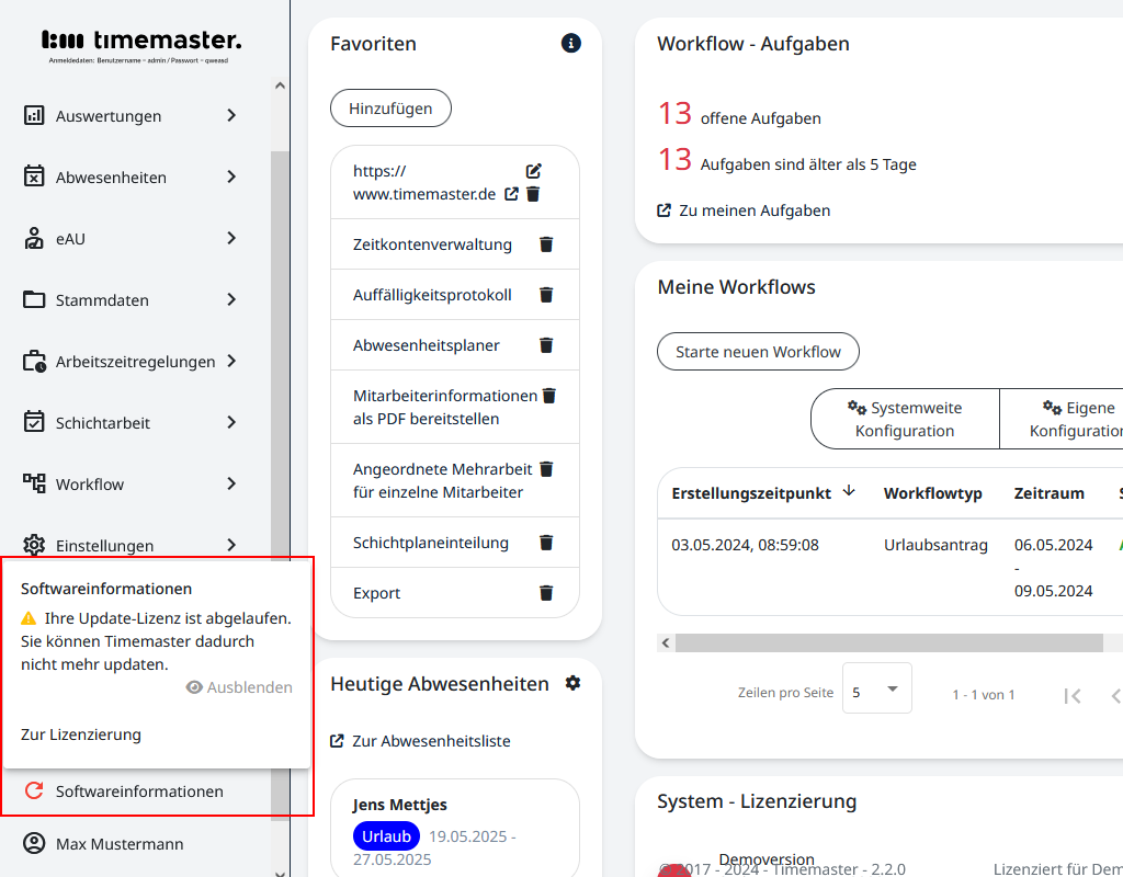 Ausweisung der Meldung "Softwareinformationen"