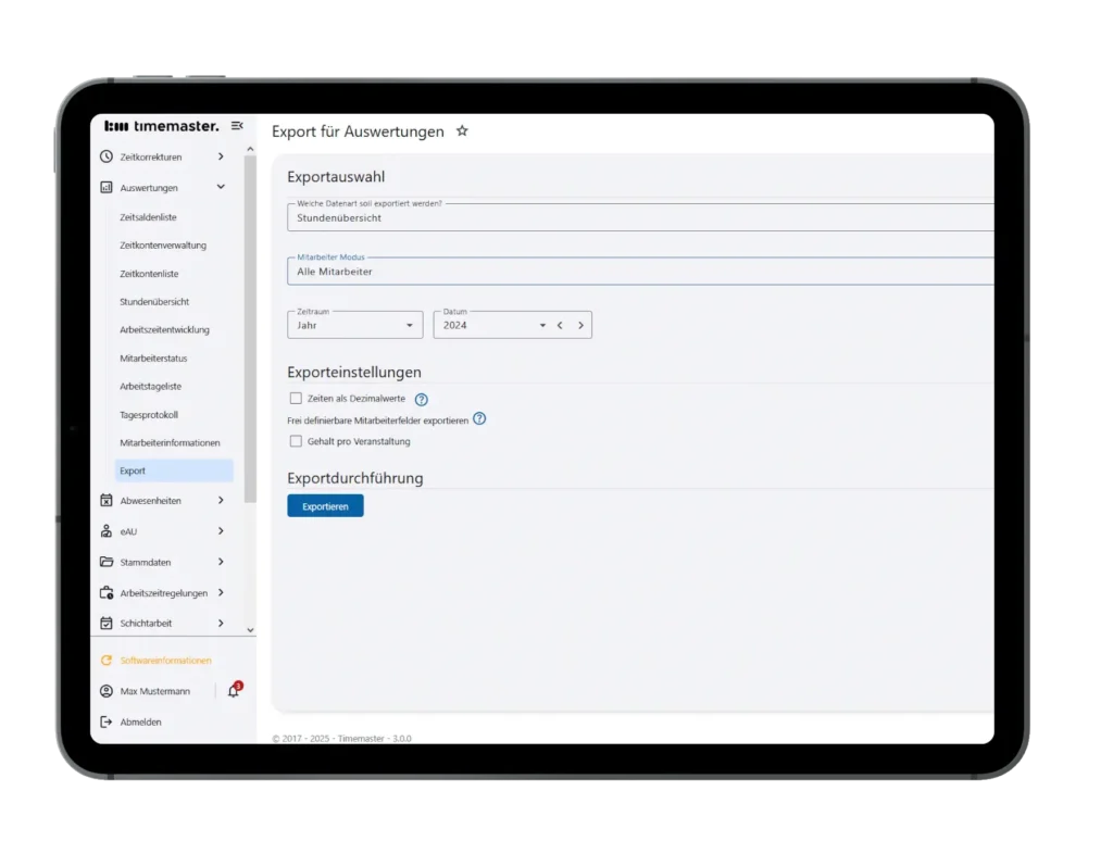 Export von Stundenübersicht, Personalstammdaten, Zeitkontenliste und Urlaubsliste