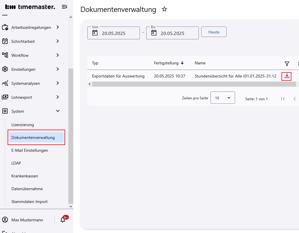 Anwahl einer Liste und Export
