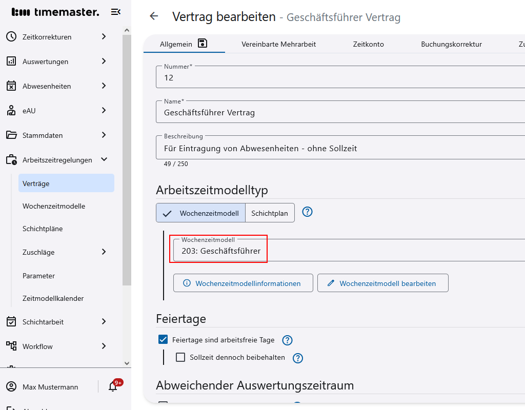 Einbindung des Wochenzeitmodells