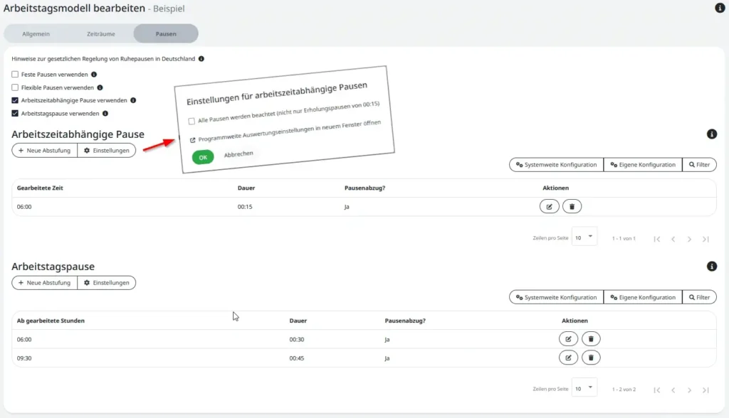 Gesetzliche Pausenregelung in der Timemaster Zeiterfassung einstellen