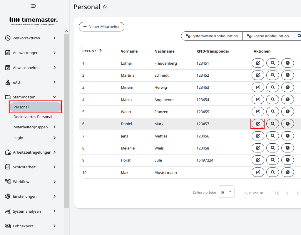 Bearbeiten des Personals