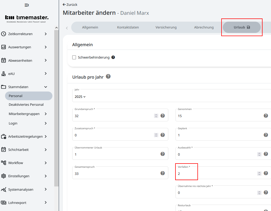 Konfiguration des Urlaubsanspruchs