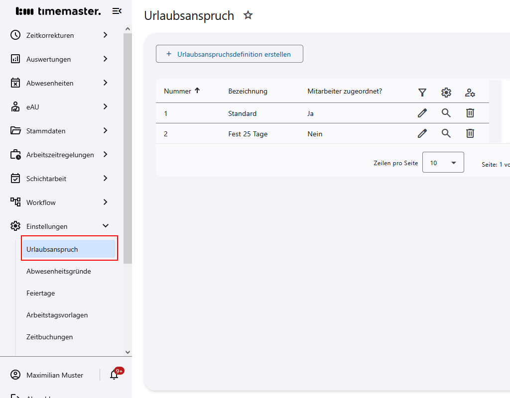Ansicht der Urlaubsdefinition