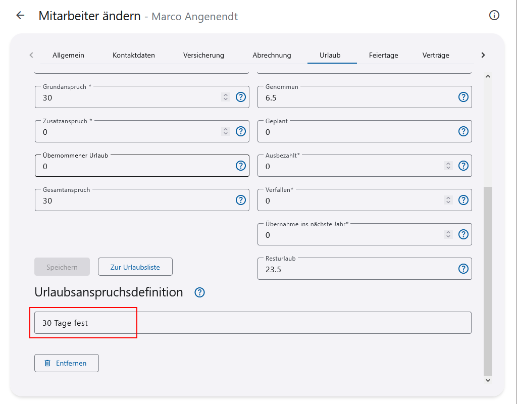 Zuweisung der Urlaubsdefinition